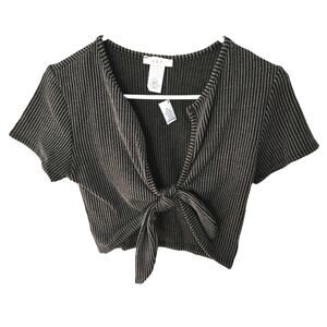 G & D Size Large Women's Charcoal Ribbed Tie Front Crop Top